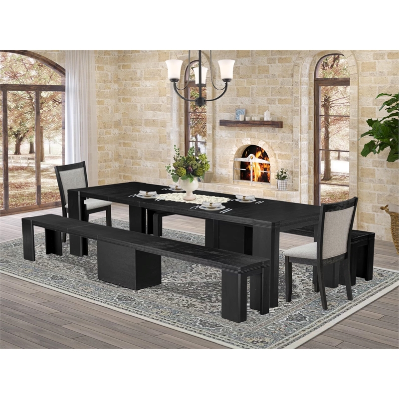 Pemberly Row 5-Piece Dining Set with Wood Table and Benches in Black