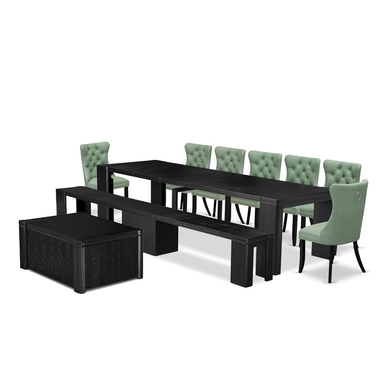Pemberly Row 10-Piece Dining Room Set in Black Acacia Wood Finish