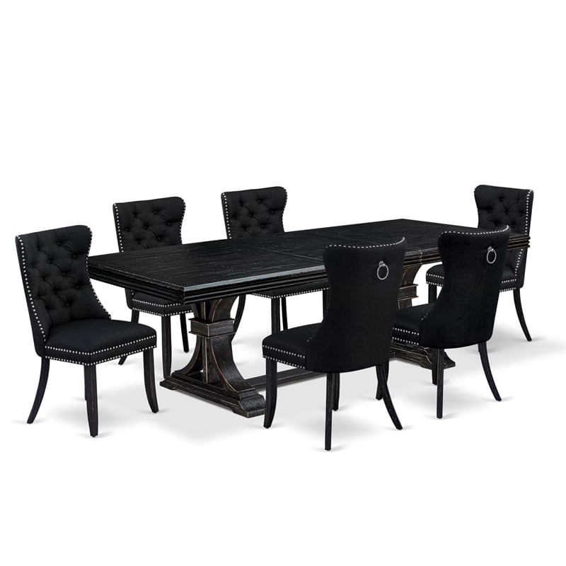Pemberly Row 7-Piece Dining Set with Linen Fabric Chairs in Black Finish