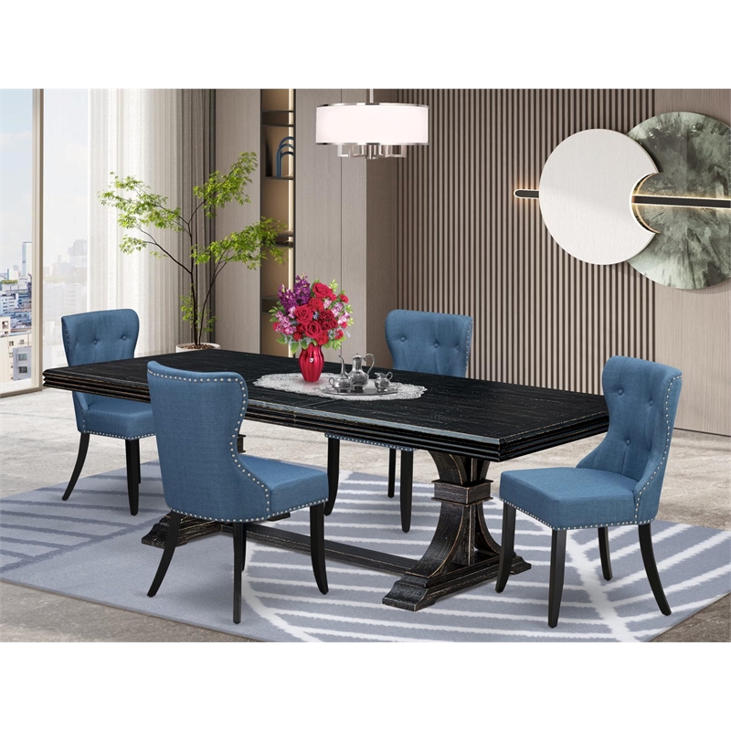 Pemberly Row 5-Piece Dining Set with Sand Blasting Black Finish and Blue Fabric