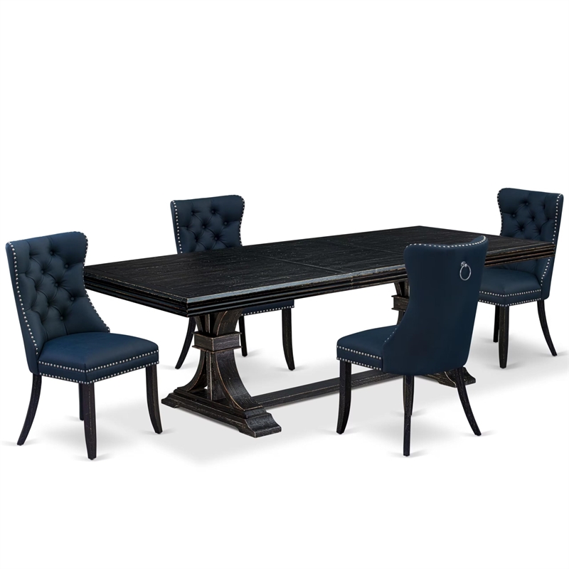 Pemberly Row 5-Piece Dining Room Set in Black Finish and Navy Blue Chairs