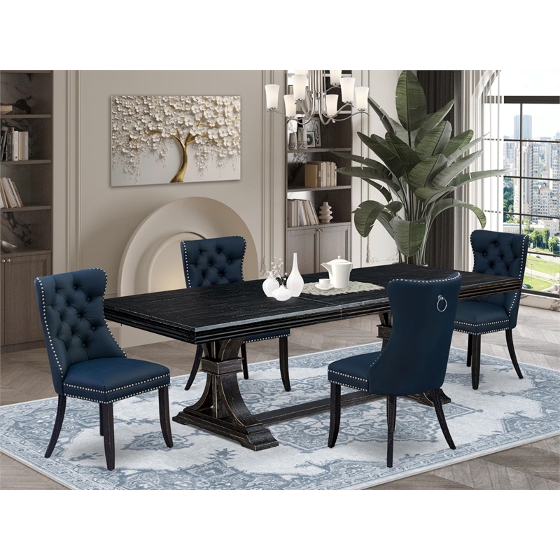 Pemberly Row 5-Piece Dining Room Set in Black Finish and Navy Blue Chairs
