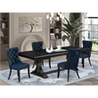 Pemberly Row 5-Piece Dining Room Set in Black Finish and Navy Blue Chairs