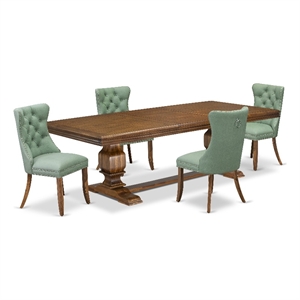 Pemberly Row 5-Piece Dining Table Set with Walnut Finish and Green Chairs