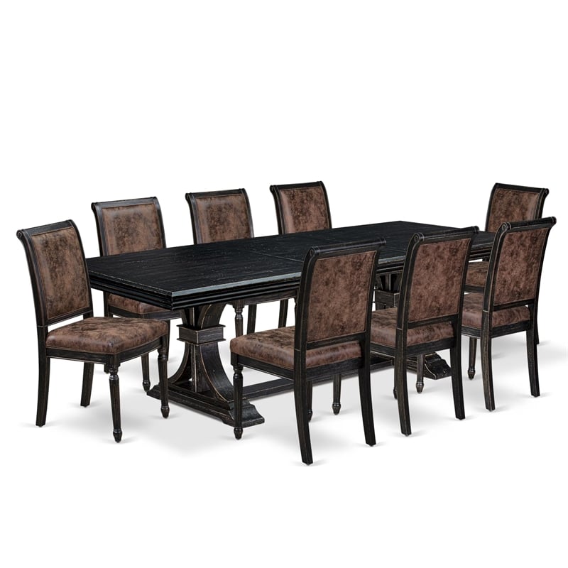 Pemberly Row 9-Piece Dining Table Set in Black Finish with Wooden Chairs