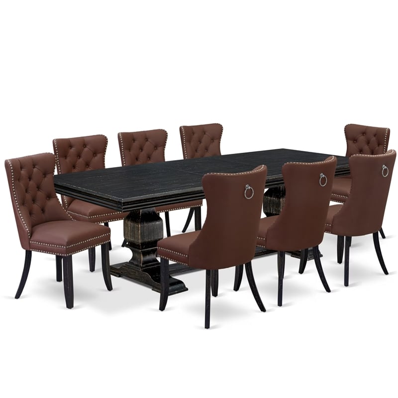 Pemberly Row 9-Piece Black Acacia Wood Dining Set with Table Leaf and Chairs