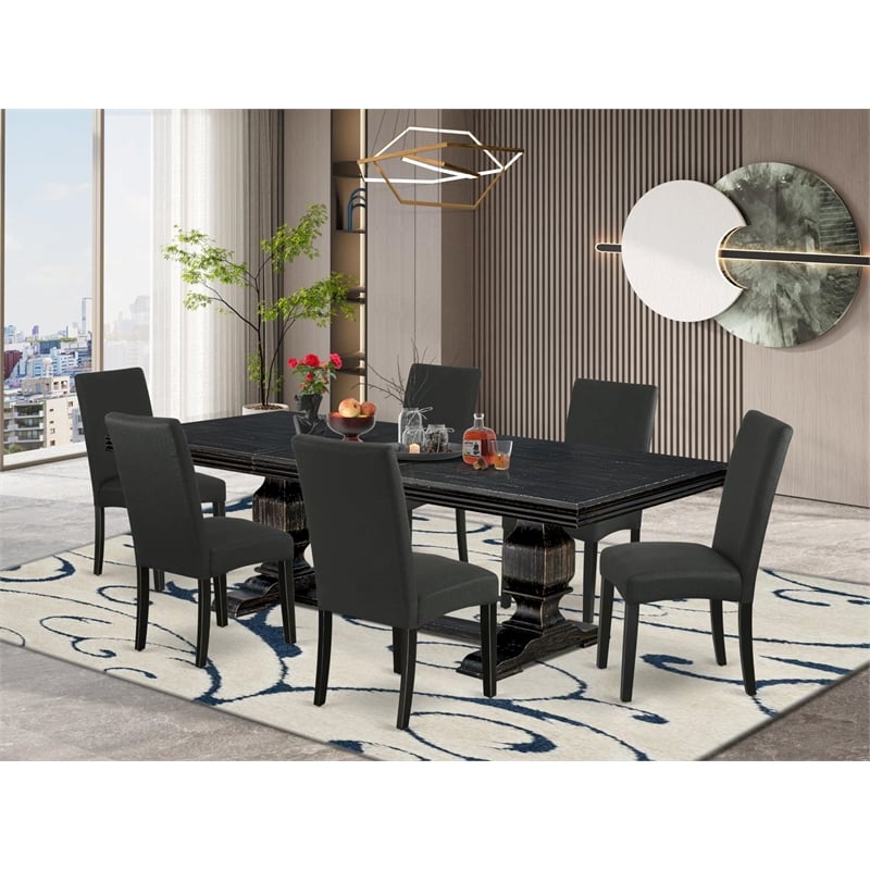 Pemberly Row 7-Piece Wooden Dining Set with Black Upholstery