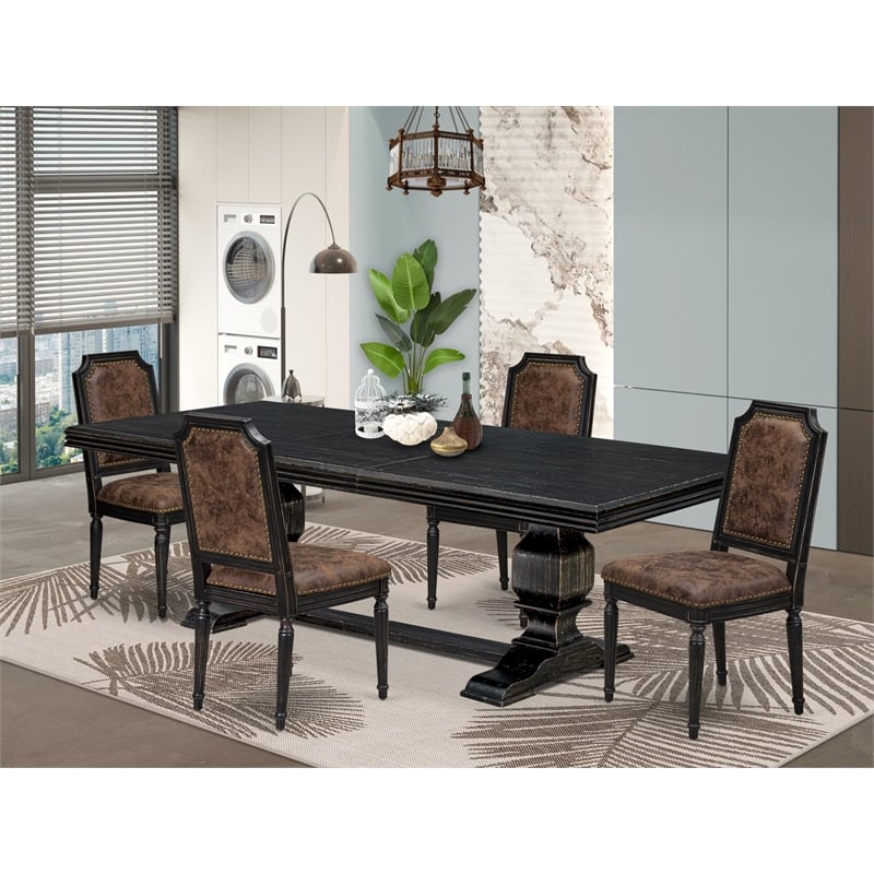 Pemberly Row 5-Piece Dining Set with Black Finish and Brown Upholstery
