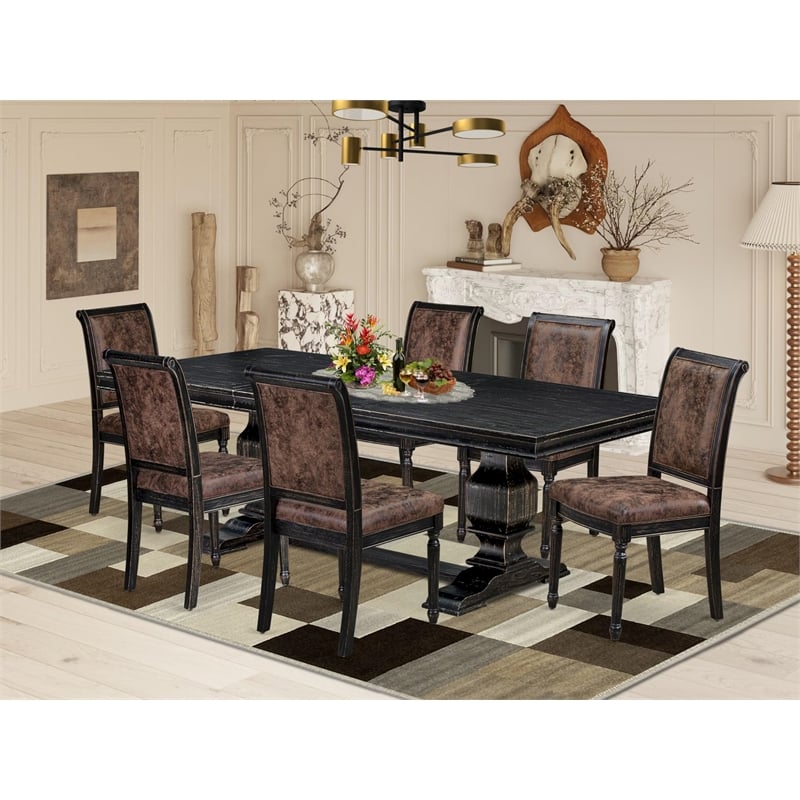 Pemberly Row 7-Piece Wood Dining Table Set in Black Finish with Leather Chairs