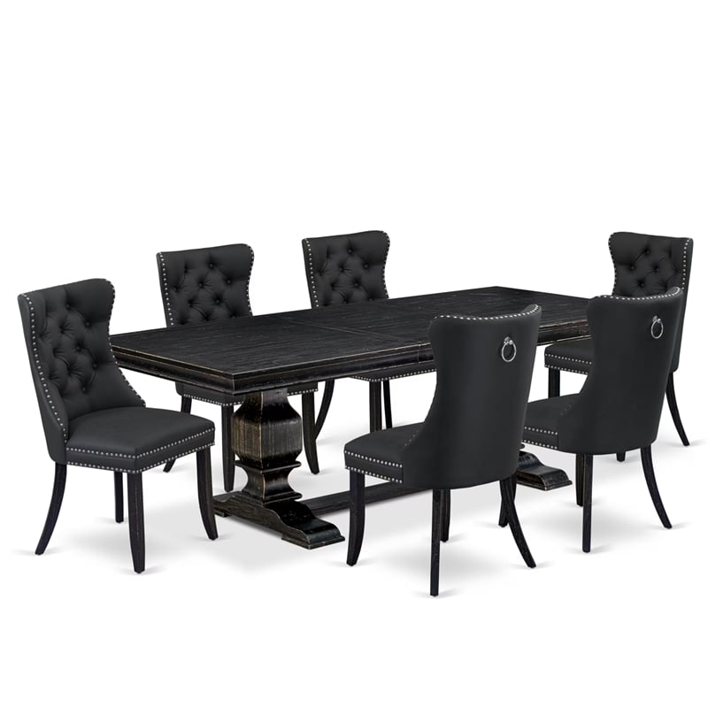 Pemberly Row 7-Piece Dining Set with Black Finish and Gray Faux Leather