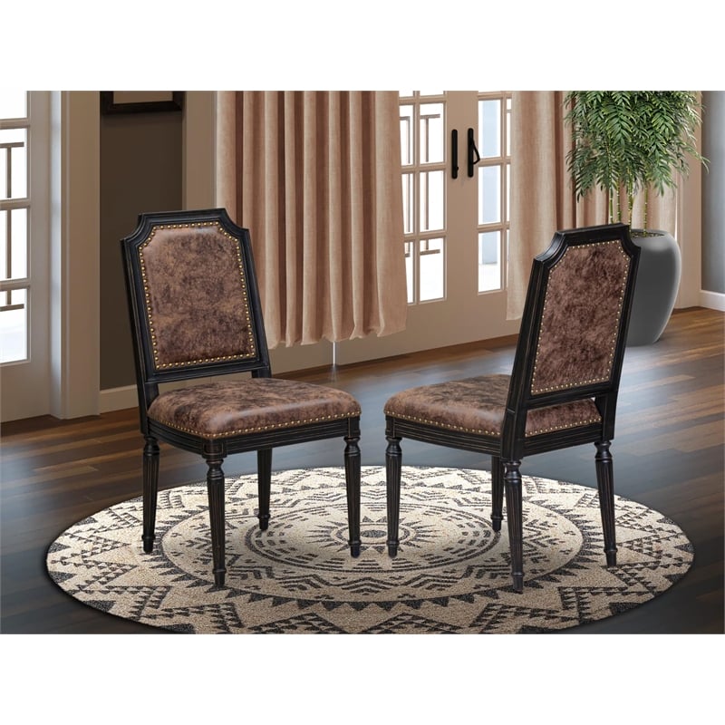 Pemberly Row Set of 2 Parson Dining Chairs in Black with Brown Upholstery