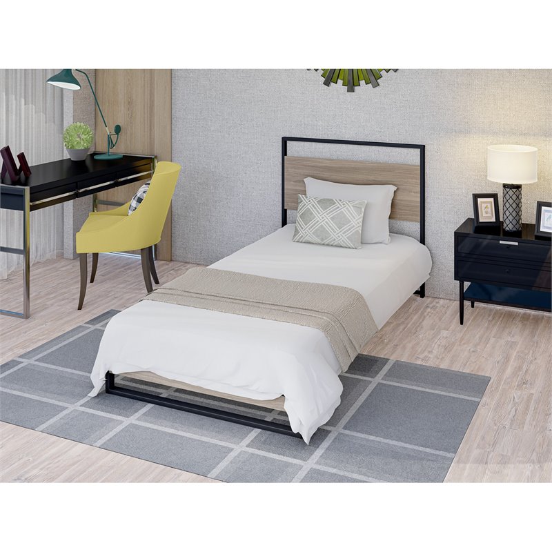 Pemberly Row Metal Twin Bed Frame with Wooden Slats in Black Finish