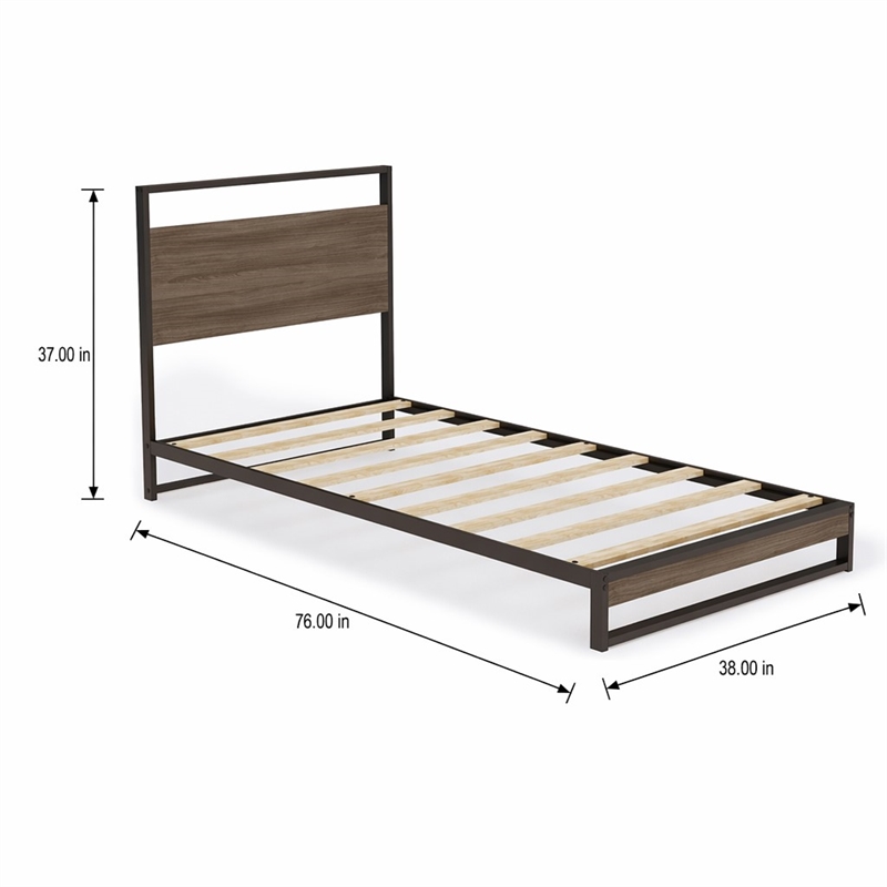 Pemberly Row Metal Twin Bed Frame with Wooden Slats in Black Finish