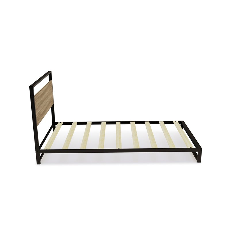 Pemberly Row Metal Twin Bed Frame with Wooden Slats in Black Finish