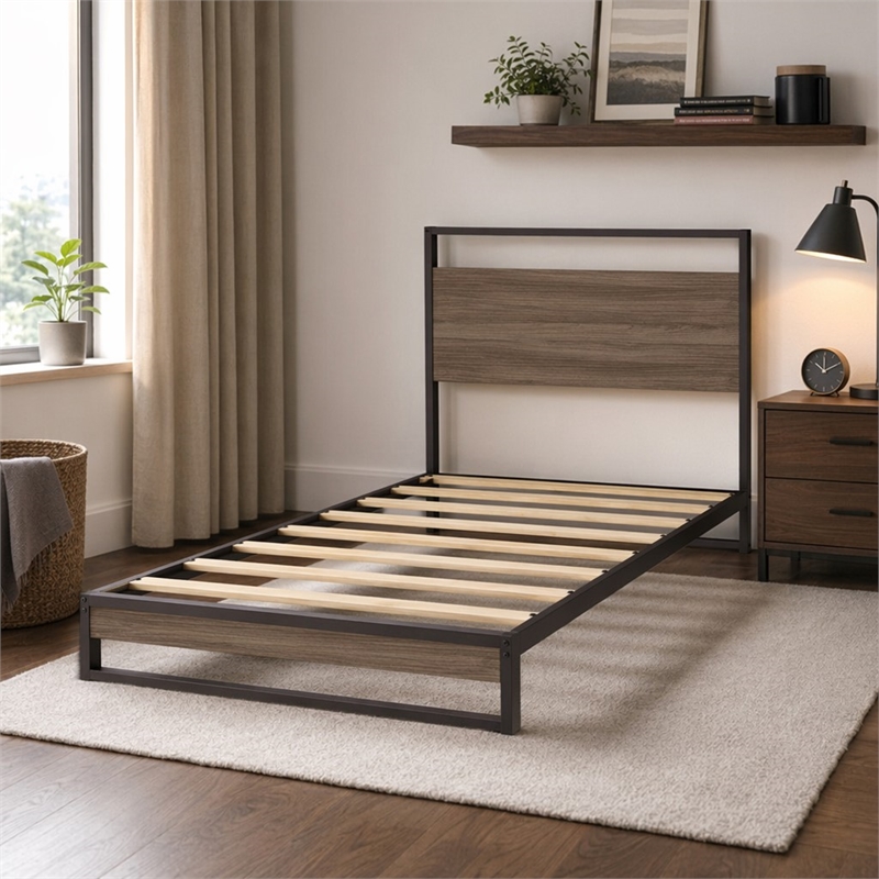 Pemberly Row Metal Twin Bed Frame with Wooden Slats in Black Finish