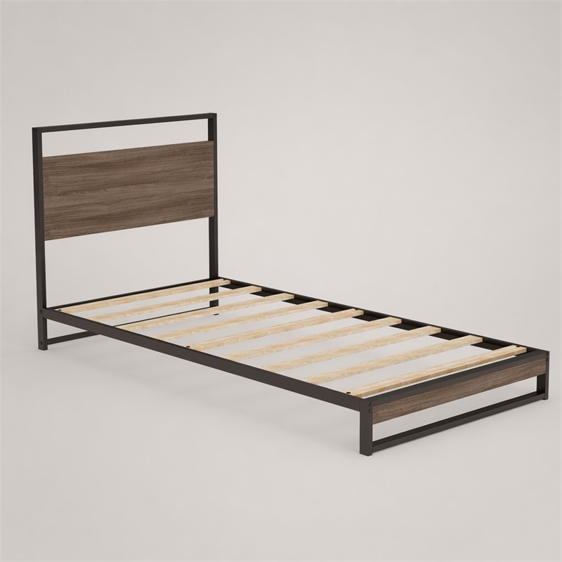 Pemberly Row Metal Twin Bed Frame with Wooden Slats in Black Finish