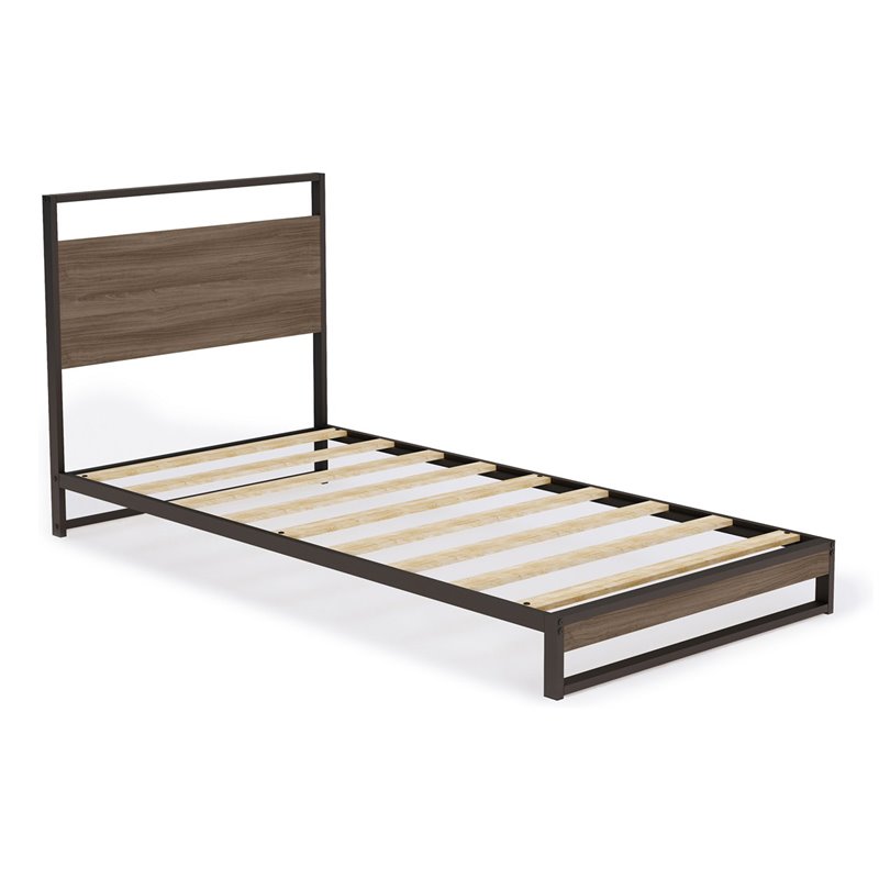 Pemberly Row Metal Twin Bed Frame with Wooden Slats in Black Finish