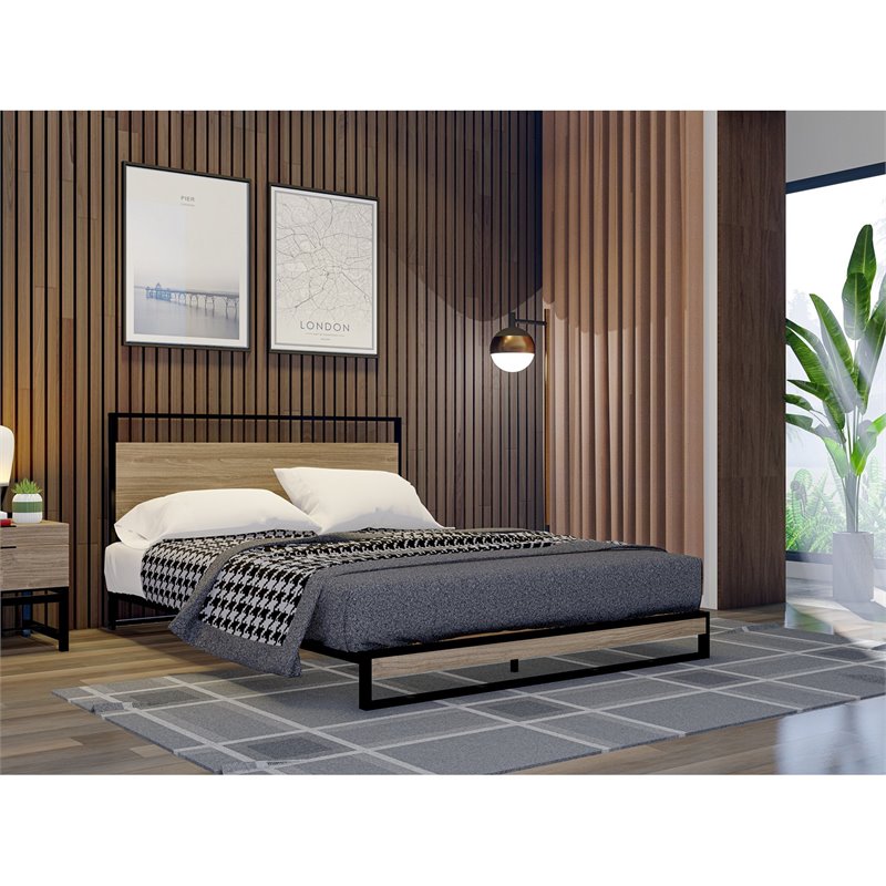 Pemberly Row Metal Queen Bed Frame with Wooden Slats in Black Finish
