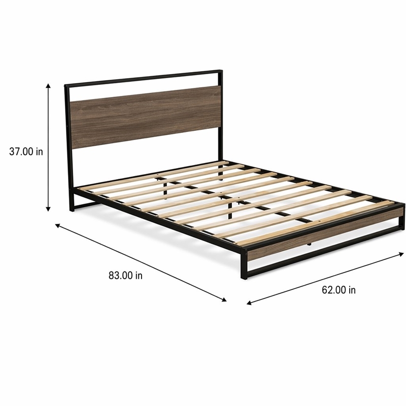Pemberly Row Metal Queen Bed Frame with Wooden Slats in Black Finish