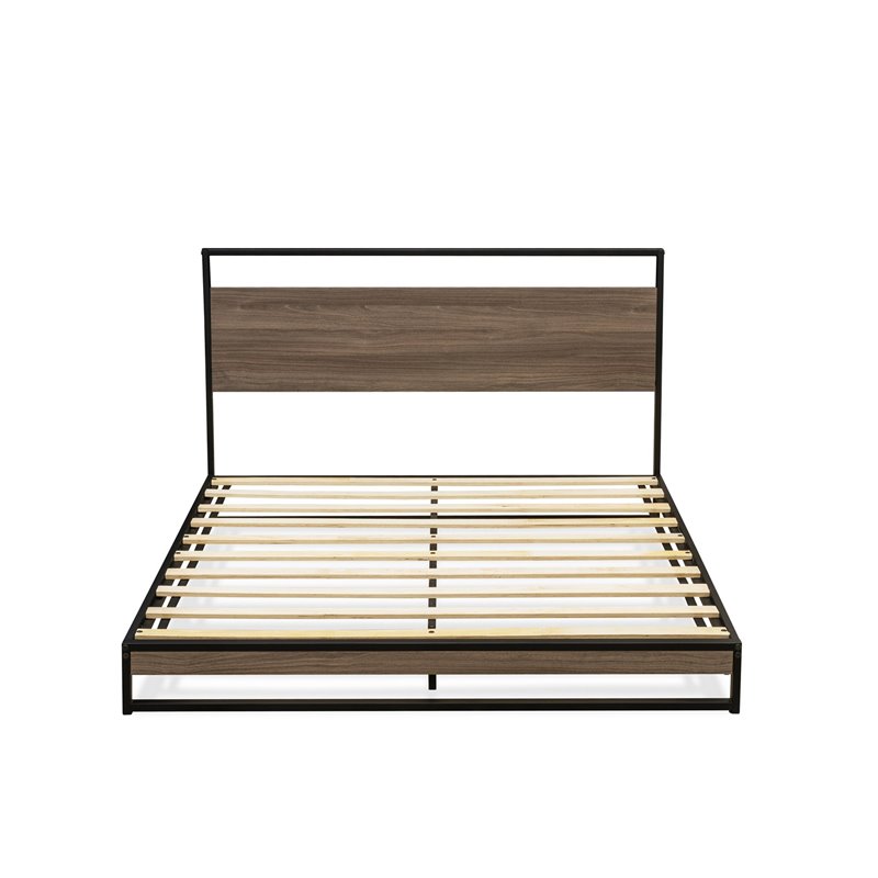 Pemberly Row Metal Queen Bed Frame with Wooden Slats in Black Finish