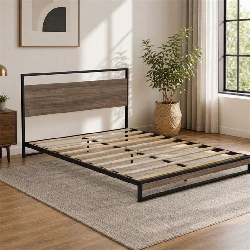 Pemberly Row Metal Queen Bed Frame with Wooden Slats in Black Finish