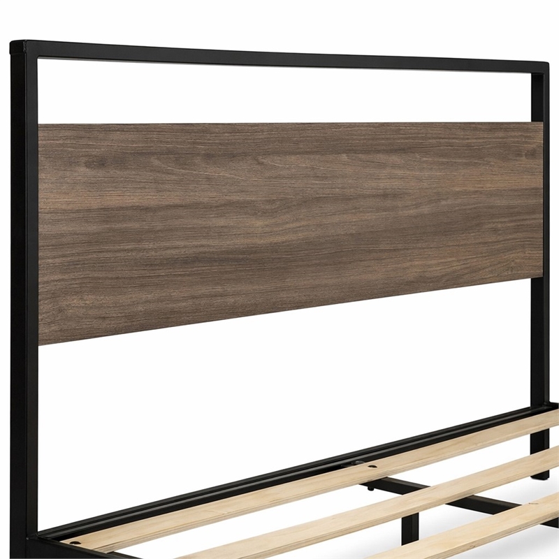 Pemberly Row Metal Queen Bed Frame with Wooden Slats in Black Finish