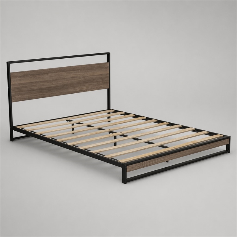 Pemberly Row Metal Queen Bed Frame with Wooden Slats in Black Finish