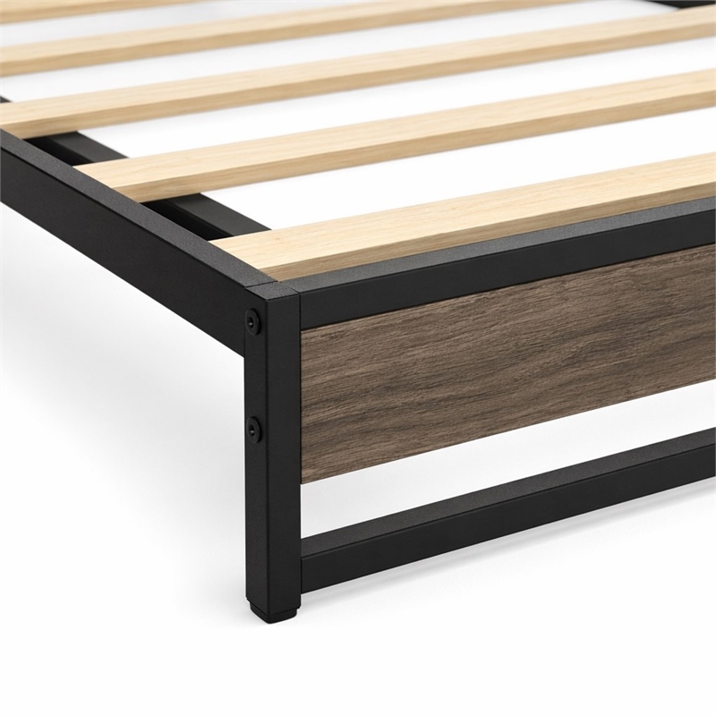 Pemberly Row Metal Queen Bed Frame with Wooden Slats in Black Finish