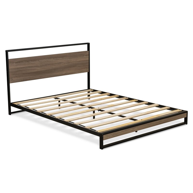 Pemberly Row Metal Queen Bed Frame with Wooden Slats in Black Finish