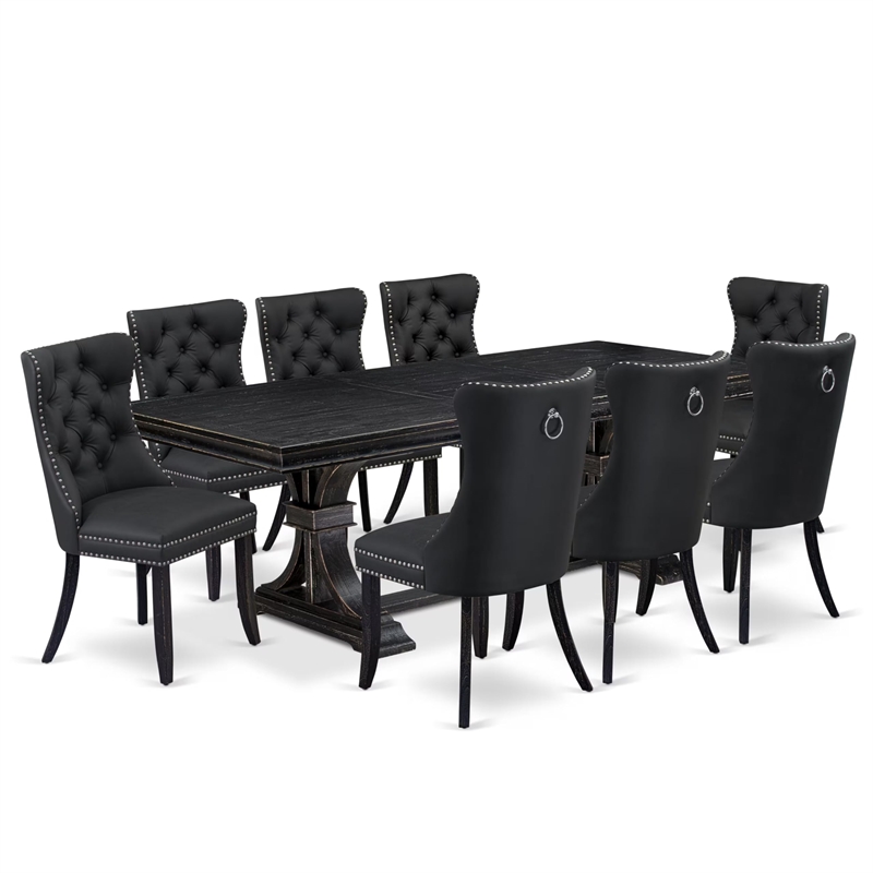 Pemberly Row 9-Piece Black Dining Set with Faux Leather and Acacia Wood