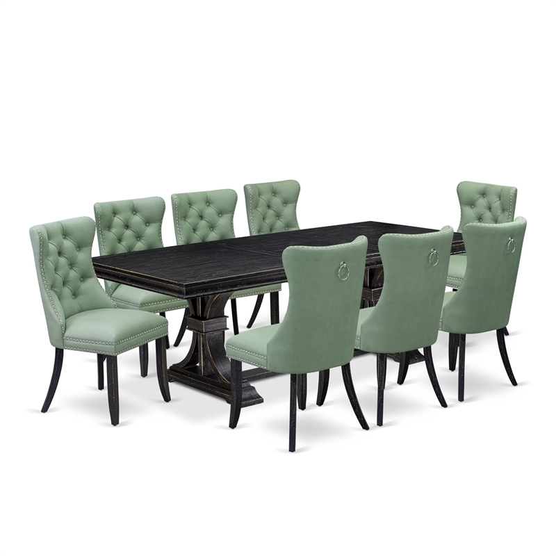 Pemberly Row 9-Piece Black Finish Dining Set with Willow Green Faux Leather