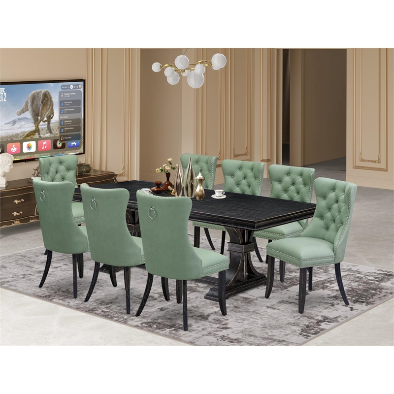 Pemberly Row 9-Piece Black Finish Dining Set with Willow Green Faux Leather