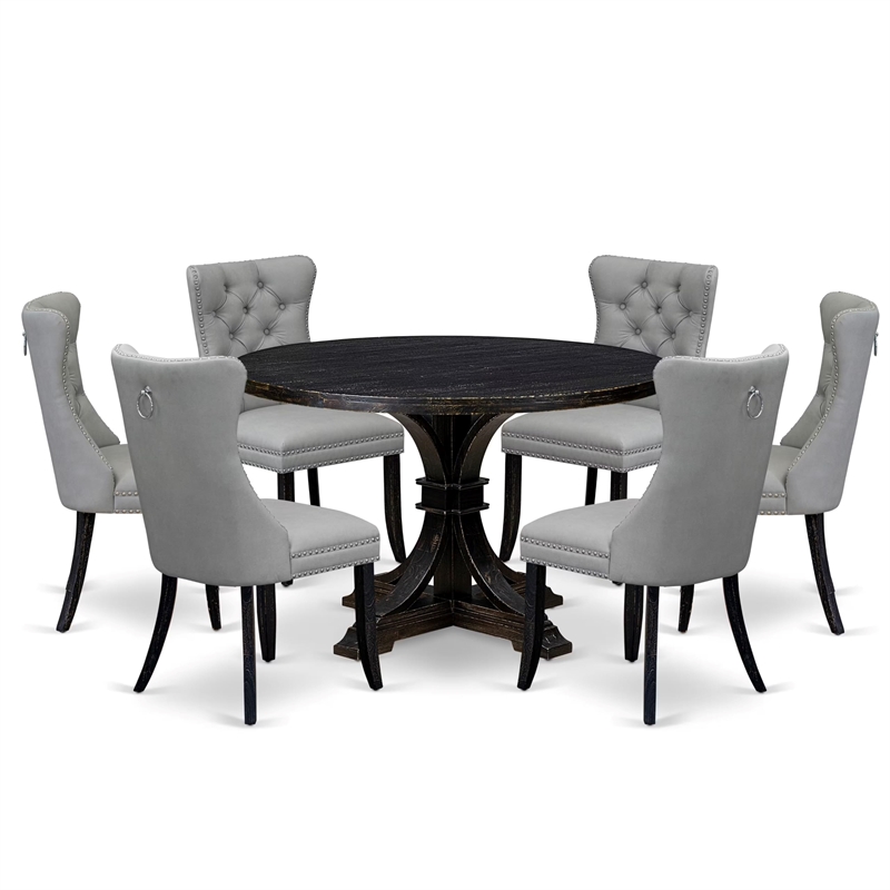 Pemberly Row 7 Piece Round Dining Set Black Wood with Gray Faux Leather
