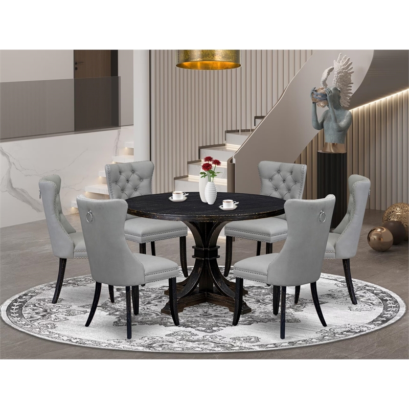 Pemberly Row 7 Piece Round Dining Set Black Wood with Gray Faux Leather