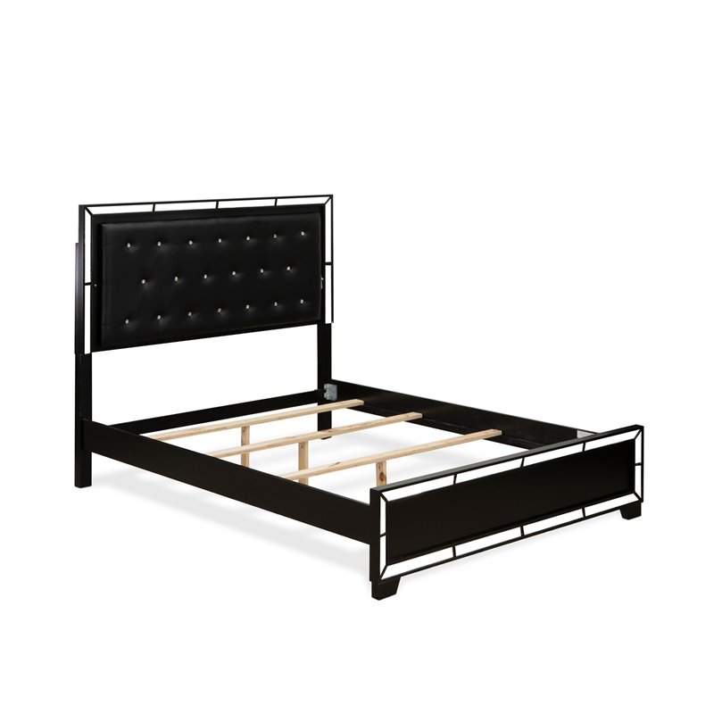 Pemberly Row Modern Engineered Wood Queen Bed with Black Faux Leather