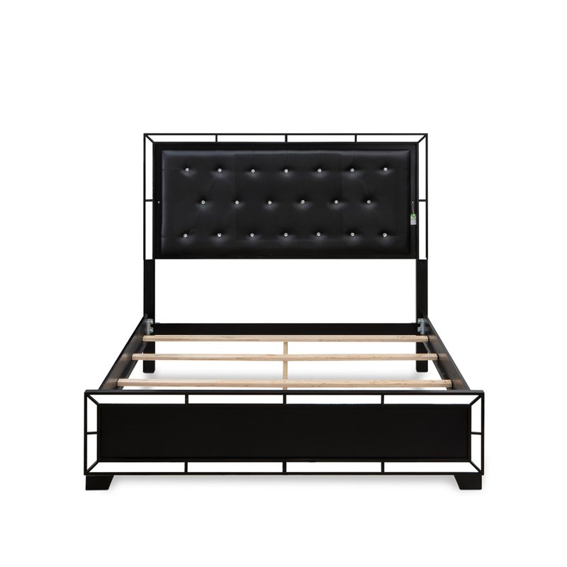 Pemberly Row Modern Engineered Wood Queen Bed with Black Faux Leather
