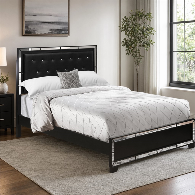 Pemberly Row Modern Engineered Wood Queen Bed with Black Faux Leather