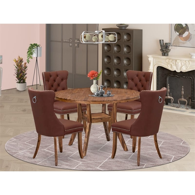 Pemberly Row 5-Piece Dining Set in Walnut Rubberwood and Faux Leather