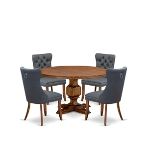 Pemberly Row 5-Piece Round Dining Set Rubberwood Walnut Finish Faux Leather