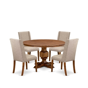 Pemberly Row 5-Piece Round Dining Set with Linen Upholstery in Walnut