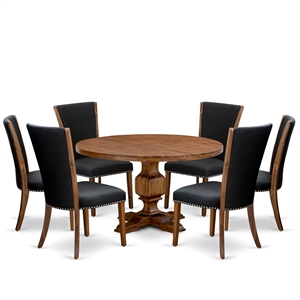 Pemberly Row 7-Piece Round Dining Set in Walnut Finish with Linen Chairs