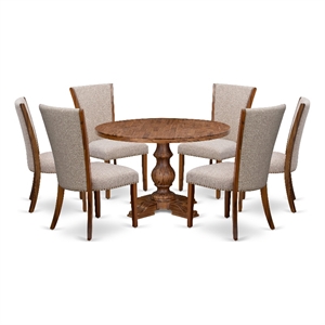 Pemberly Row 7-Piece Round Dining Table Set with Linen Chairs Walnut