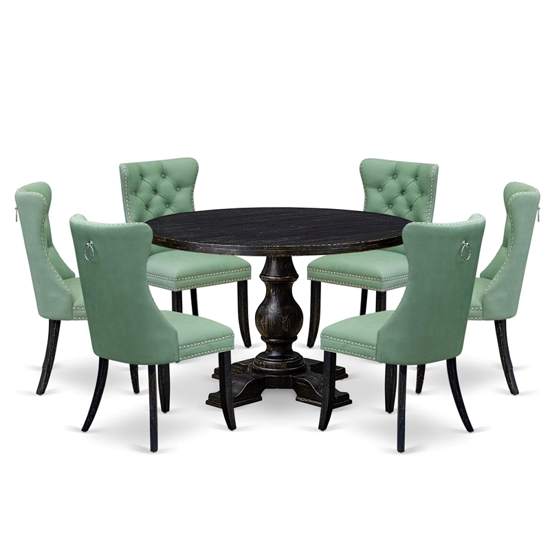 Pemberly Row 7-Piece Round Dining Set in Black with Willow Green Chairs