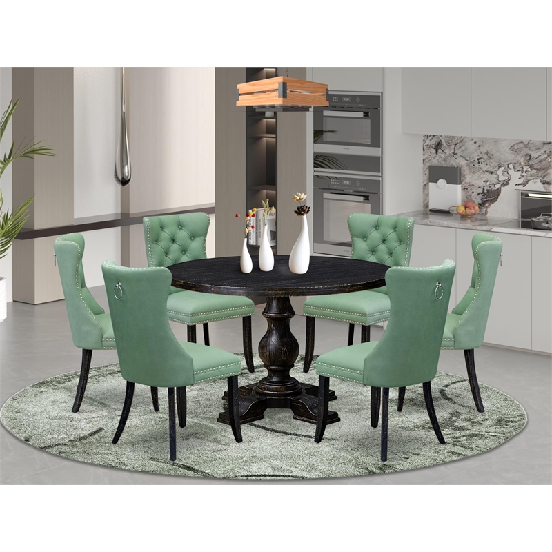 Pemberly Row 7-Piece Round Dining Set in Black with Willow Green Chairs