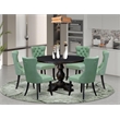 Pemberly Row 7-Piece Round Dining Set in Black with Willow Green Chairs