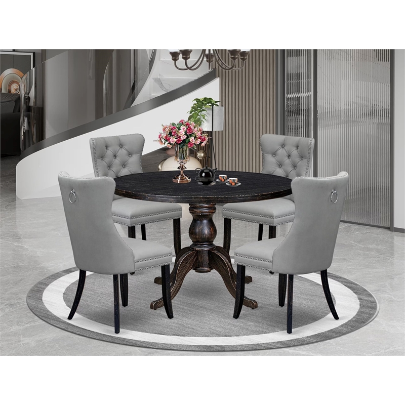 Pemberly Row 5-Piece Round Dinette Set in Black Finish with Gray Chairs