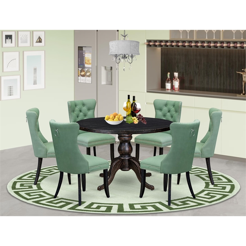 Pemberly Row 7 Pc Black Dining Set Willow Green Faux Leather Chairs