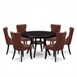 Pemberly Row 7-Piece Round Dining Set with Black Finish and Burgundy Upholstery