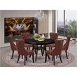 Pemberly Row 7-Piece Round Dining Set with Black Finish and Burgundy Upholstery