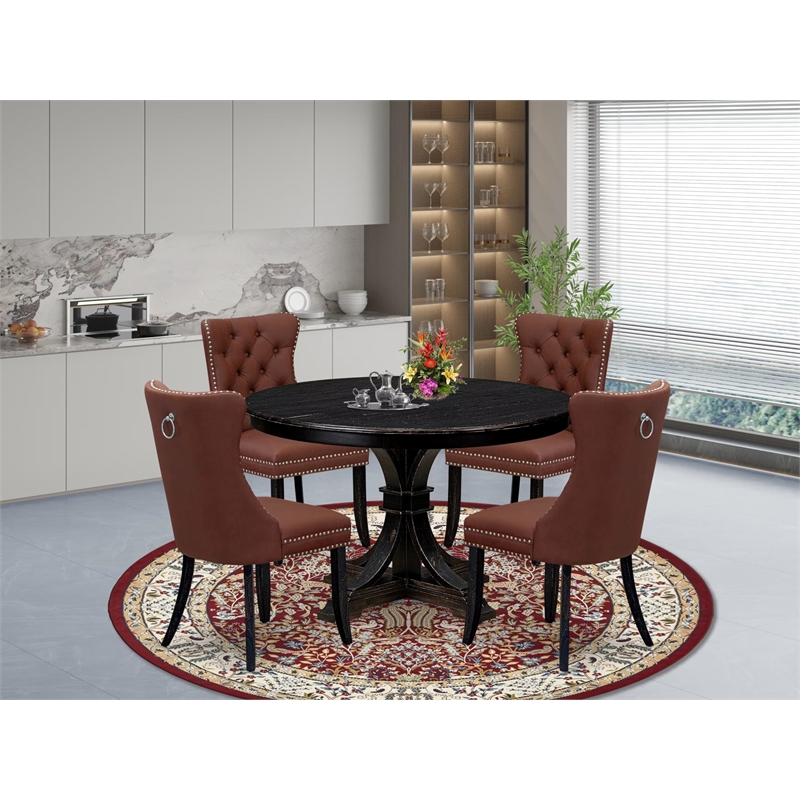Pemberly Row 5-Piece Round Pedestal Dining Set with Faux Leather Chairs in Black